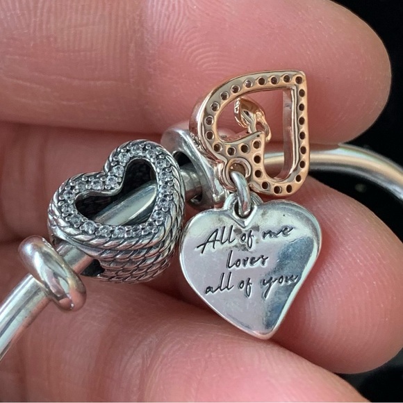 Pandora Open Bangle Charms Bracelet w/ 2 Hearts Pandora Charms & 2 Stoppers EUC - Picture 6 of 16